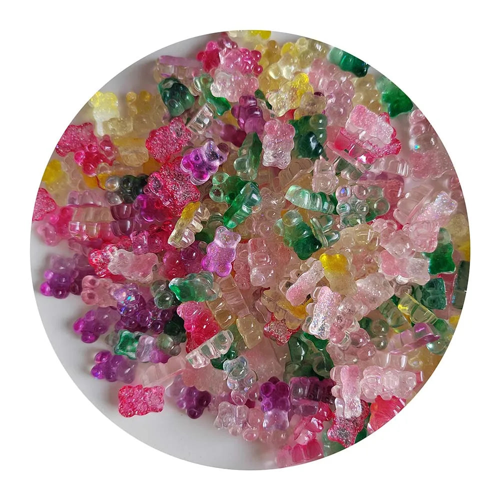 100Pcs/Lot 11*17MM Colorful Glitter Gummy Bear Flatback Resin Cabochon Two Tone Gummy Bear Candy Beads Charms for Nail Art Decor