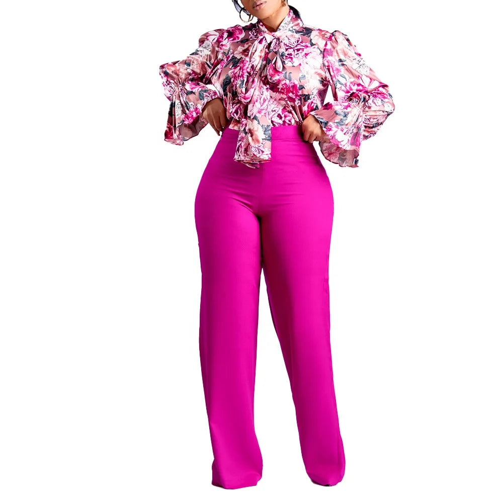 Women's Spring Autumn Fast Shipping 2 Pieces Wide Leg Trousers Matching Sets Chiffon Print Tops Casual Set