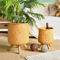 Innova S/2 Farmhouse Rustic Brown Round Laundry Basket Decorative Woven Bamboo Storage with Wood Legs Organizer
