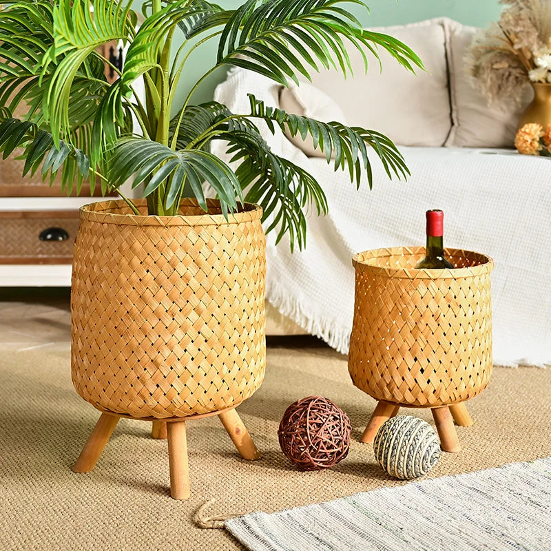Innova S/2 Farmhouse Rustic Brown Round Laundry Basket Decorative Woven Bamboo Storage with Wood Legs Organizer