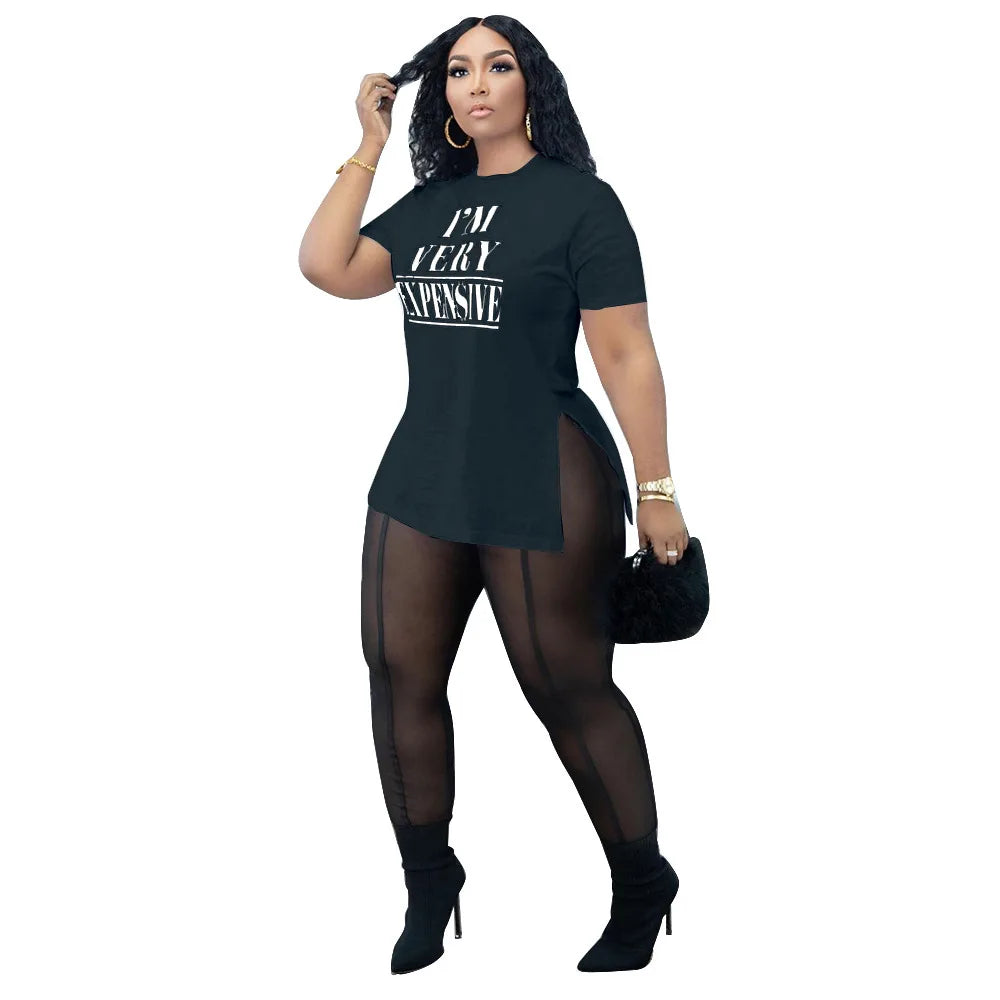 Women's Summer Fashion Two-Piece Set Plus Size Short-Sleeved T-Shirt Ankle-Length Pants Mesh Perspective WholesaleMinimum 2pcs