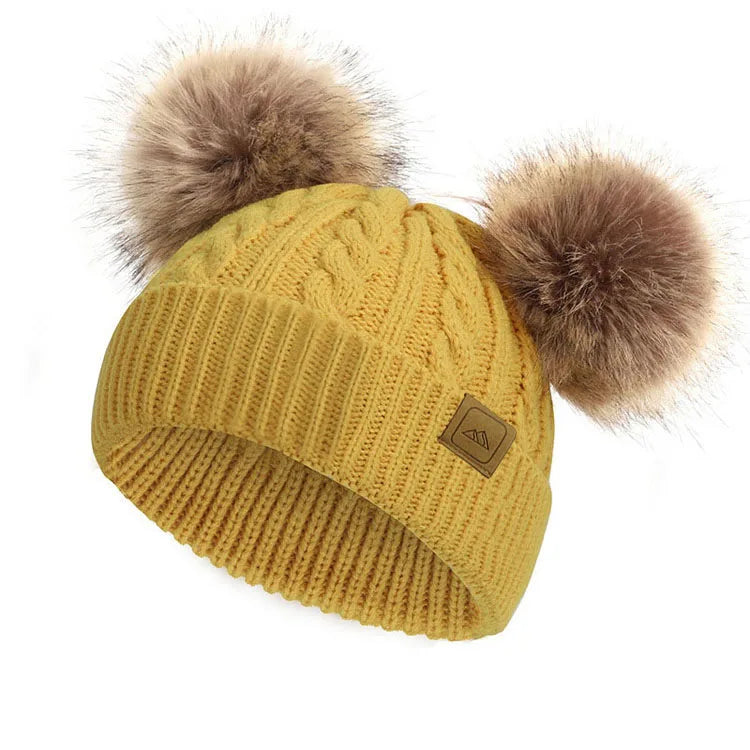 Wholesale Winter Kids 100% Cotton Skein Crochet Knitted Double Faux Fur Pom Pom Beanies Custom Label Toddle Baby Hats