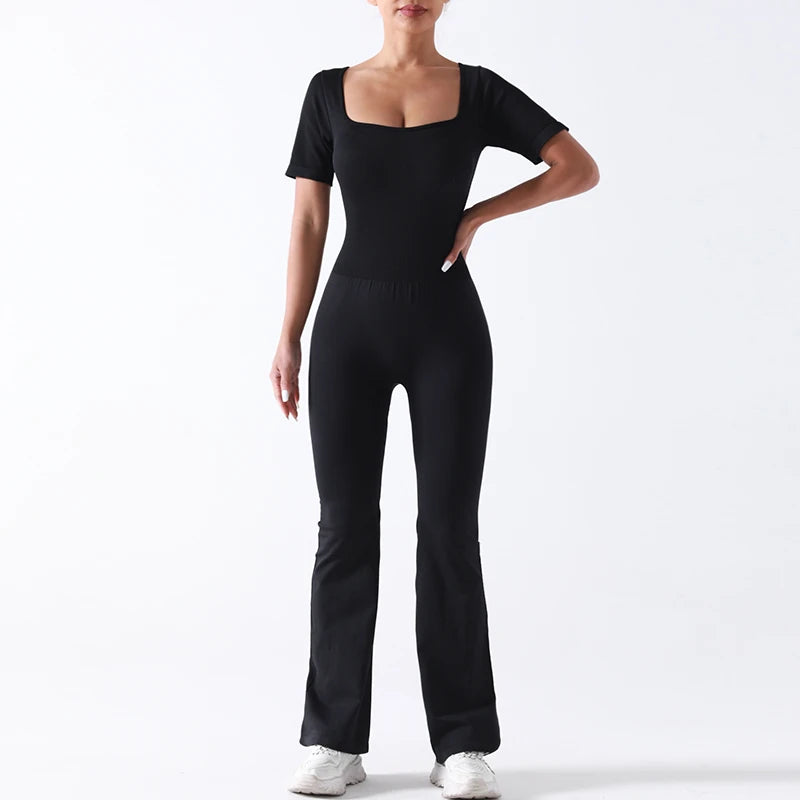 Running Training Yoga Jumpsuit Bodysuit Set with Wide Leg Pants for Women-Spandex/Nylon Breathable Lightweight Elastic Waist