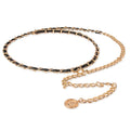 JULUN Metal Belts Jean Chain Fashion Waist Chain Gold Plated Chain Belt With Black Leather Inlay & Medallion Pendant for Women