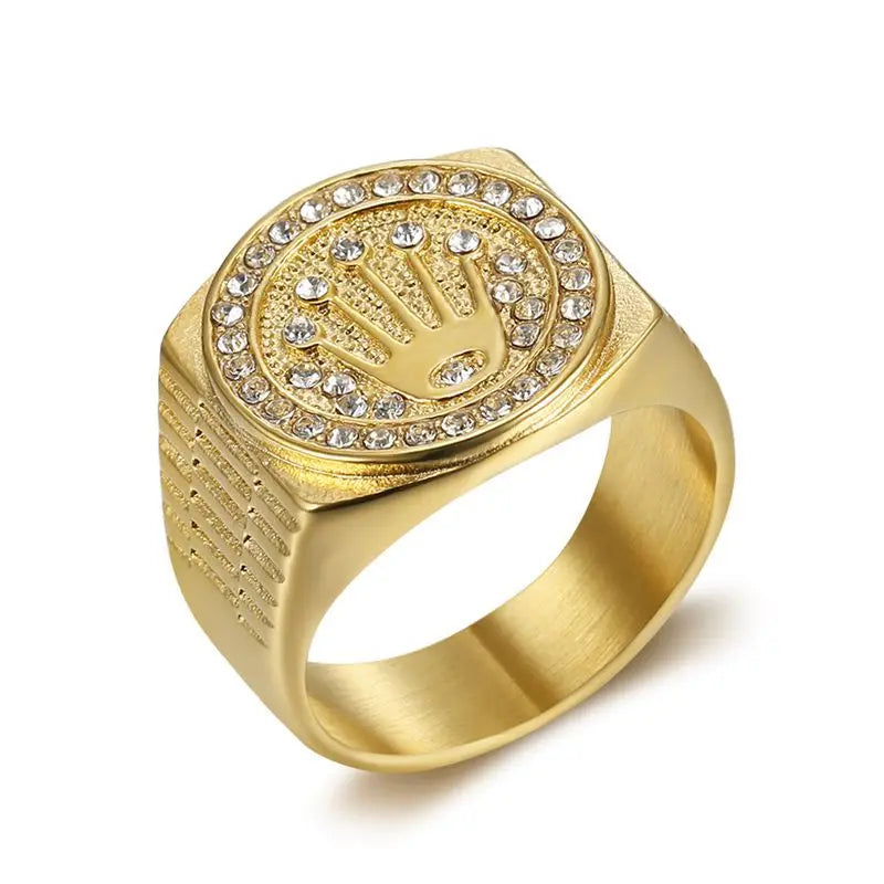 Anillos De Oro Para Hombre Punk Men's Crown Ring Anillo De Oro Gold Plated Retro Hip Hop Heavy Wide Zircon Personality Ring