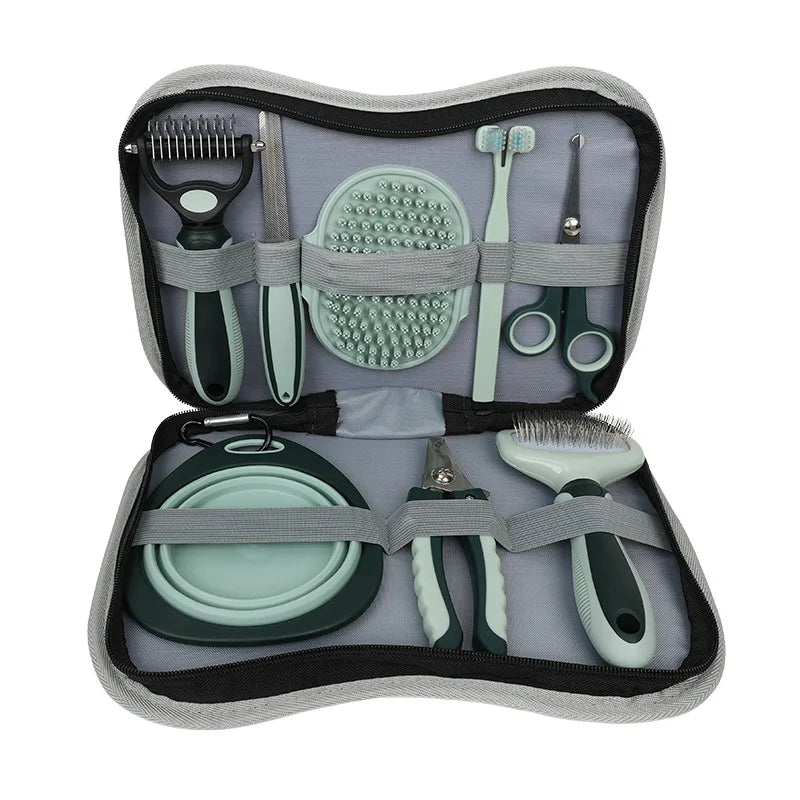 Pet Grooming Tool Set Pet Bath Brush Hair Scissors Travel Bowl Toothbrush Nail Clippers Dogs Cats Hair Removal Brushes