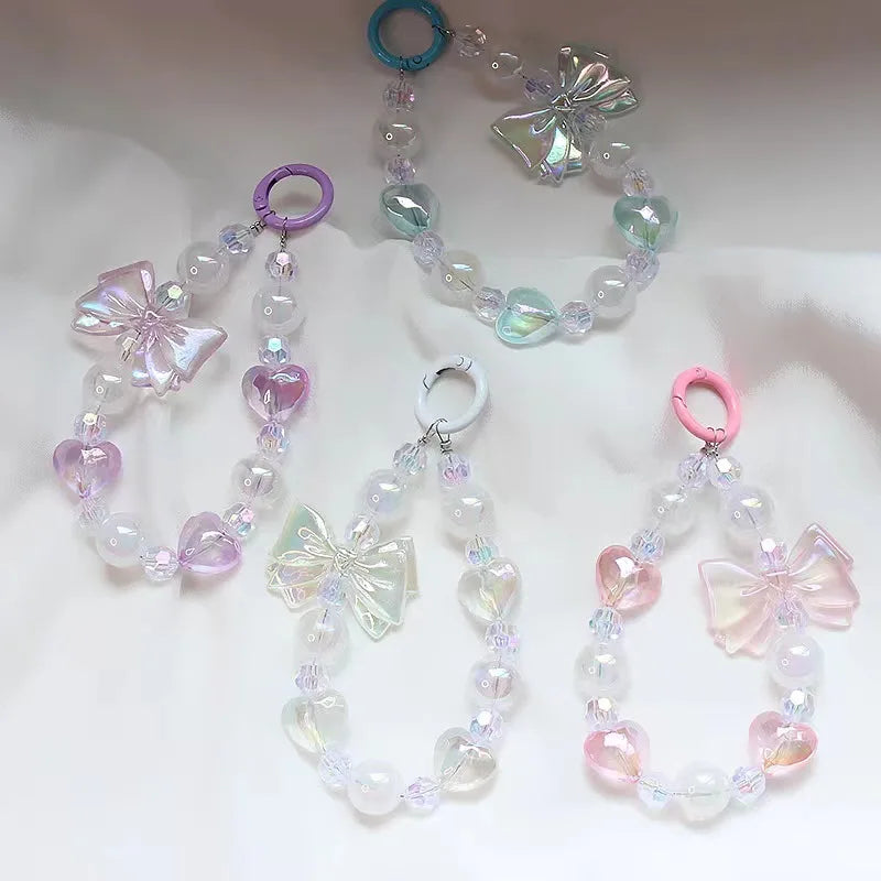 New Fresh Vest butterfly Beaded Mobile Phone Chain Luminous Fine pink love Car Accessories Key Chain Accessories