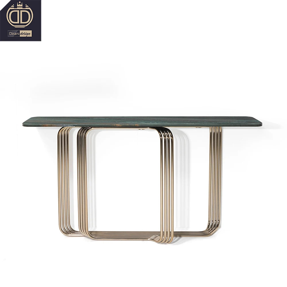 High End Dark Green Narrow Villa Living Room Entryway Console Table Luxury Marble Metal Modern