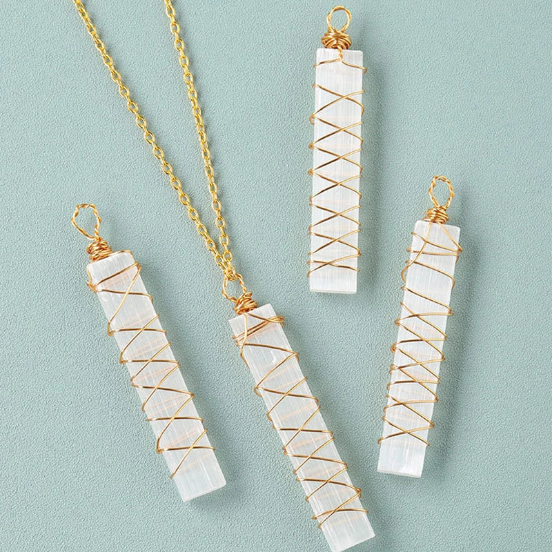 Wholesale Handmade Gemstone Natural Wire Wrapped Selenite Stick Crystal Pendant for Gift