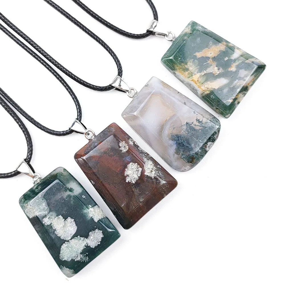 Natural Moss Agate Gemstone Lucky Necklace Pendant Healing Crystal Amulet Jade Pendant