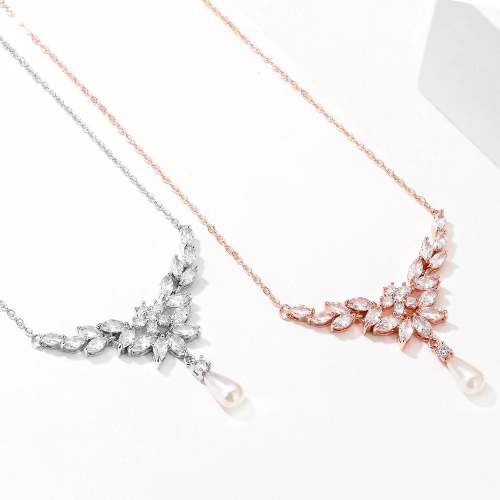 LUOXIN Luxury Leaf 3A Cubic Zirconia Necklaces Elegant Shiny CZ Pearl Bridal Wedding Chains Necklaces