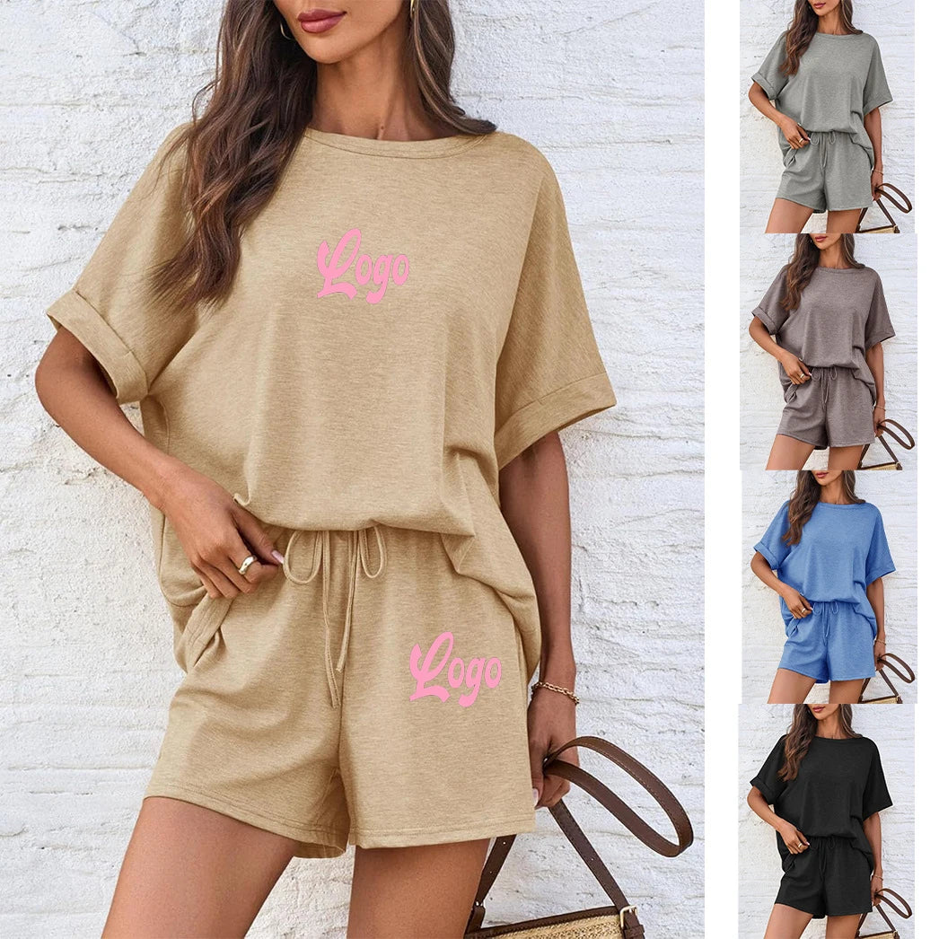 2026 Custom LOGO Summer Women Two Piece Sets Loose Casual Solid Color Shirts and Shorts Sports Set Women Clothing