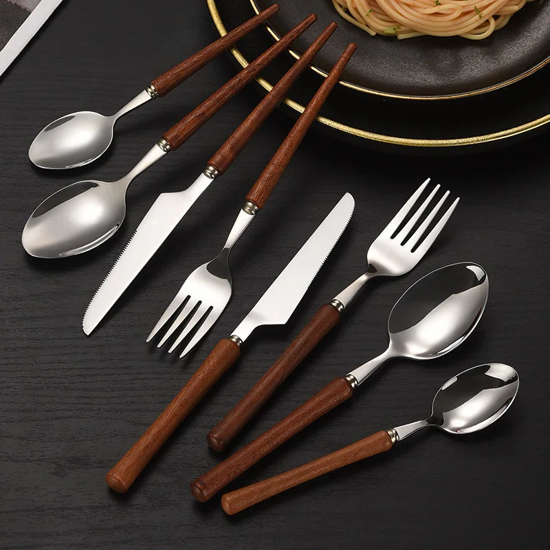 Hot Sale Retro Wooden Handle Flatware Set 304 Stainless Steel Fork Knife Spoon Silverware Restaurant Cutlery Set