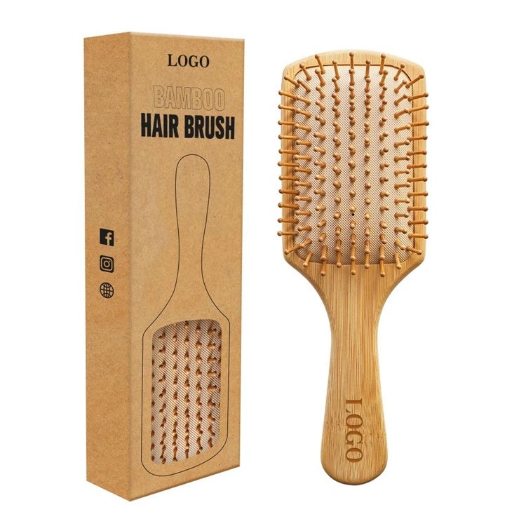 Customized Logo Bamboo Paddle Hair Brush With Natural Rubber Air Cushion Detangling Hairbrush for Women Men