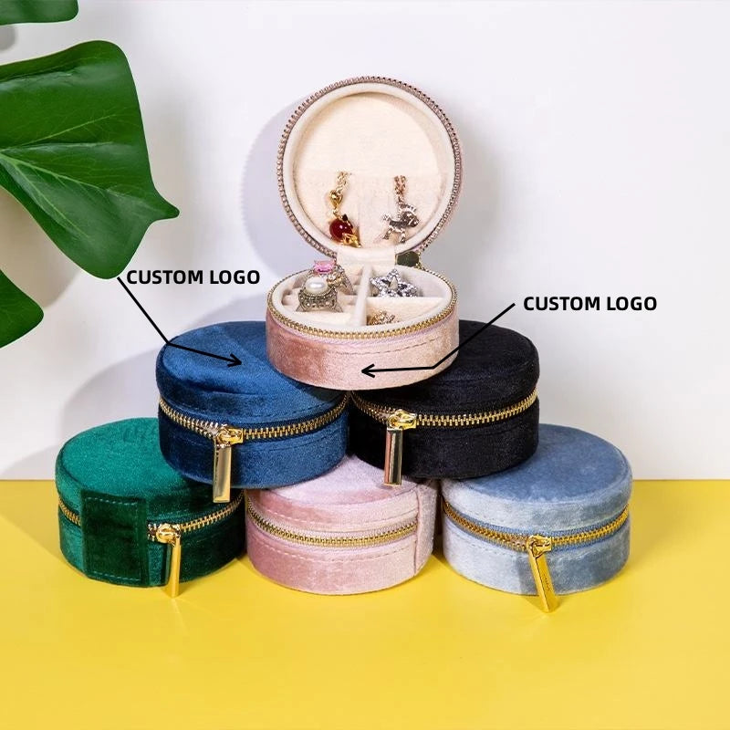 Small Round Velvet Jewelry Box Travel Jewelry Zipper Case Storage Organizer Jewelry Case Necklace Case
