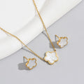 2pcs Real 18k Gold Plated White Shell Black Enameled Flower Earrings Necklace Set Stainless Steel Clovers Five Flower Necklace
