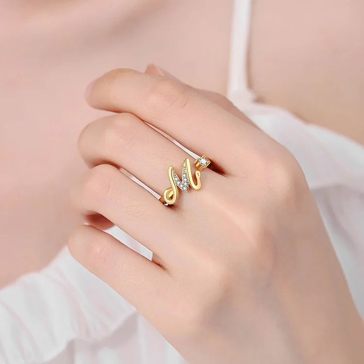 RM1638 Fine Delicate Tiny Mini Solitaire 18k Gold Diamond Cubic Zirconia Paved Script Letter Alphabet Initial Adjustable Rings