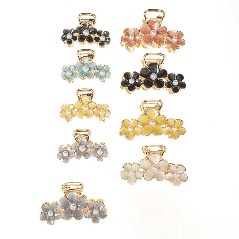 2.7 Inch Multicolor Cute Vintage Marble Medium Size Enamel Hair Clips Metal Hair Clamp Jaw Pearl Flower Claw Clip
