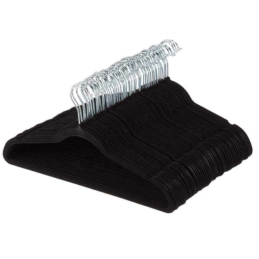 Custom Black Flocked Coat Suit Hangers Wardrobe Durable Plastic and Metal Clothes Hanger Velvet Hanger