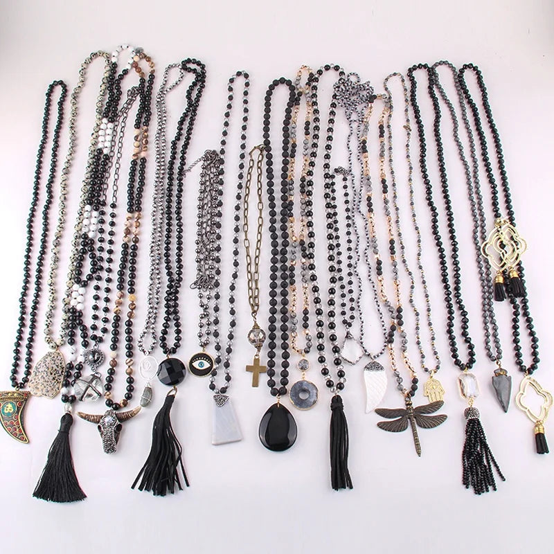 Women Black Series Necklace 20pc Different Design Mix Natural Stone Necklace Crystal Glass Arrow Tassel Necklace Jewelry Set