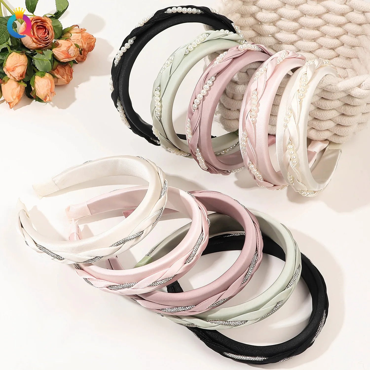 QIYUE Advanced Sense Pearl Braid Headband Small Fresh Solid Color Rhinestone Braid Headbands