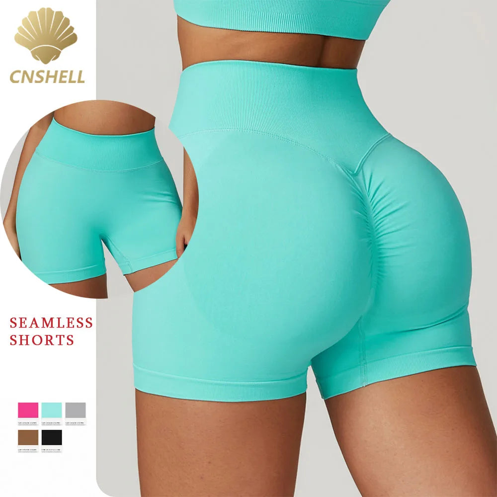 CNSHELL Custom Logo Nylon Seamless Scrunch Butt High Waist Tight Yoga Fitness Workout Gym Sports Shorts
