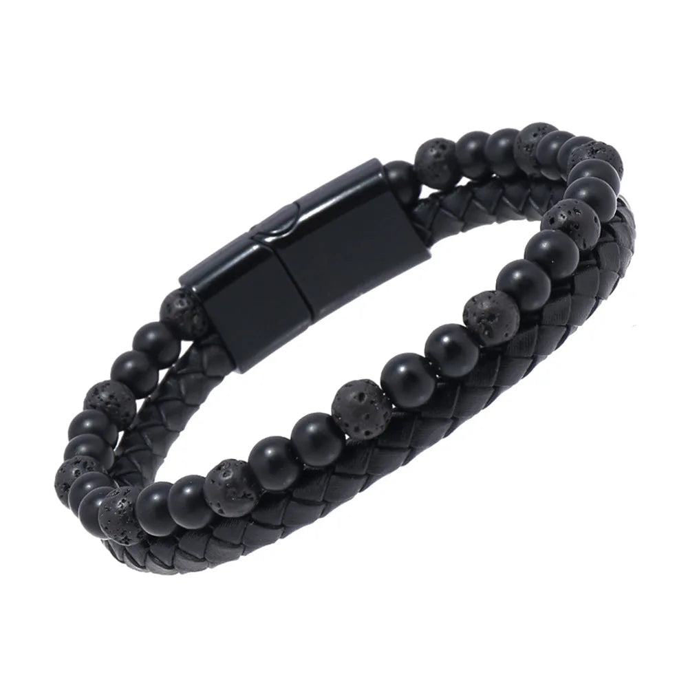 Natural Stone Beaded Leather Woven Clasp Bracelet Volcanic Stone Hematie Beaded Bracelets Mens Black Lava Rock Bracelet
