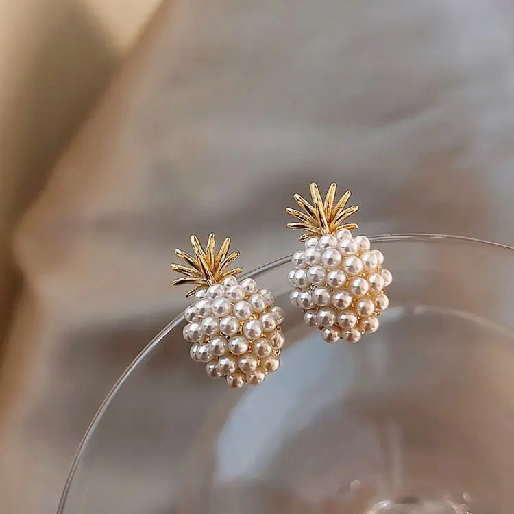 Fashion Korea Style Lady Party Wedding Gift Pineapple Pearl Sliver Needle Stud Earrings for Women