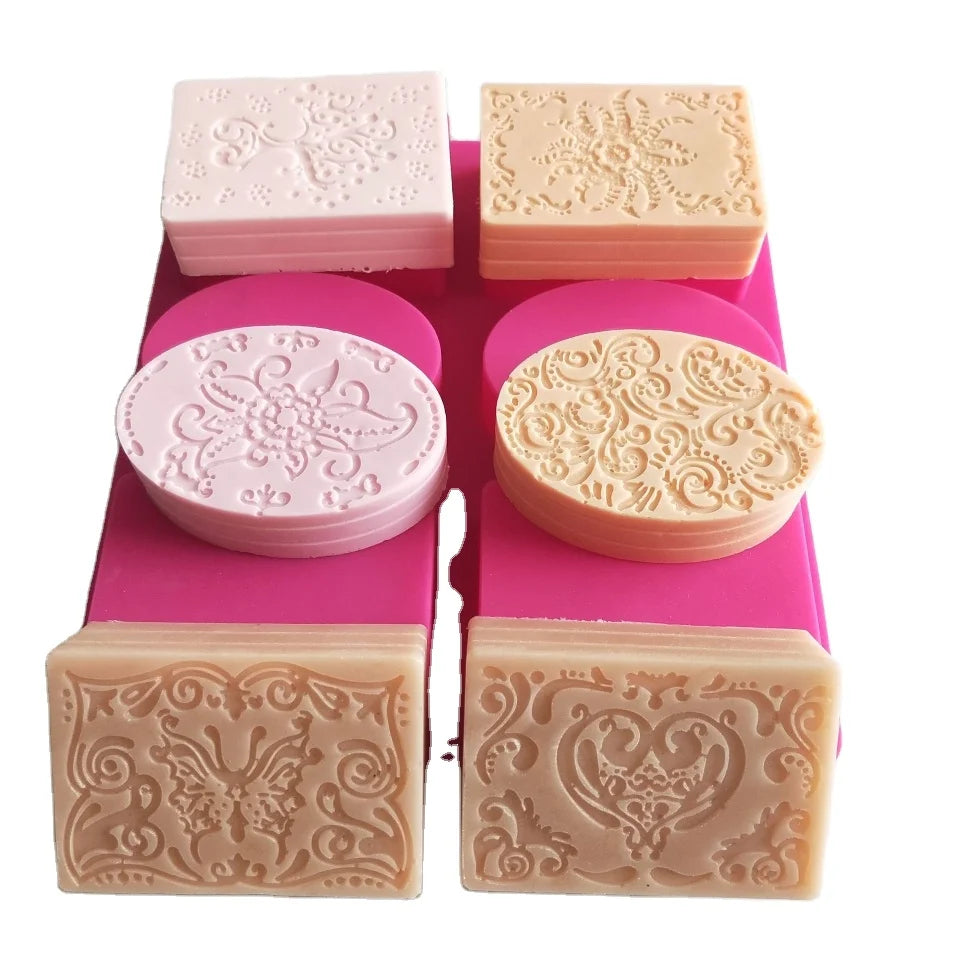 BPA Free  Wholesale Soap Making Supplies Handmade  6 Holes  Patterns Oval and Rectangle Silicone Soap Molds