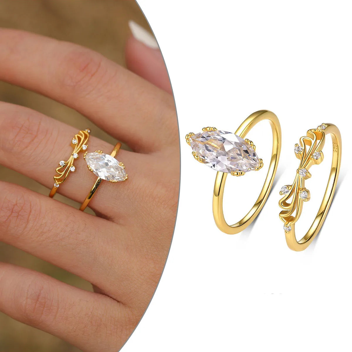 S925 Silver Two-Piece Set Horse Eye-Shaped Moissanite Stacked Ring Romantic Small Petals Geometric Pattern Princess Cut for