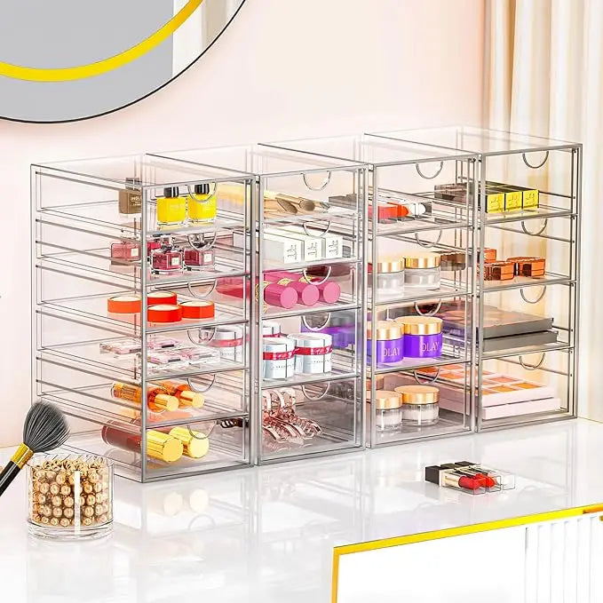19-Drawer Acrylic Makeup Organizer 4-Pack Clear Storage Drawers Bathroom Makeup Palette Cosmetic Beauty Supplies Vanity Cabinets