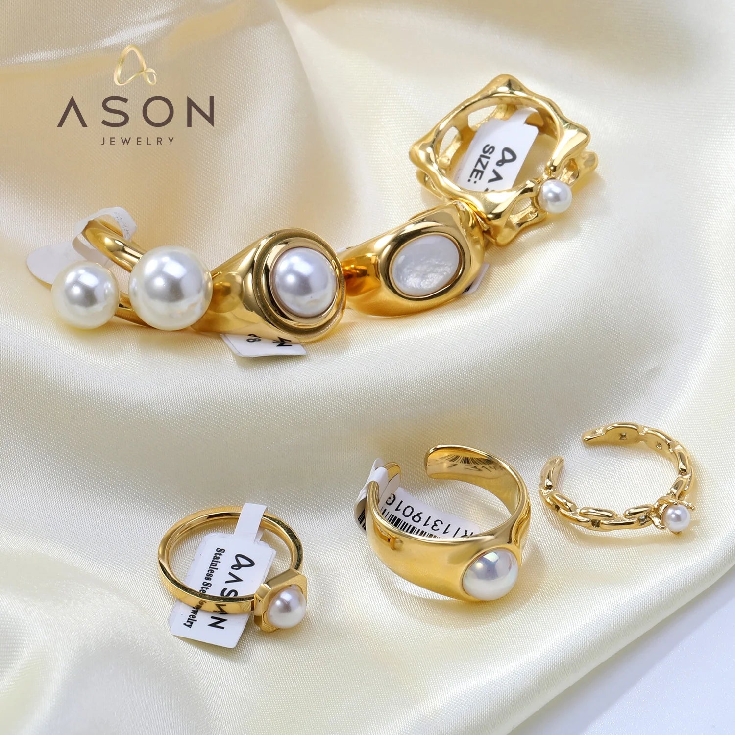Ason Wholesale Bulk Hollow Oval Pearl Chunky 18K Gold Plated Stainless Steel Geometric Opening Fashion Jewelry Rings for Women