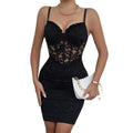 Deep v Low Cut Hip Skirt Hollow-cut Lace Patchwork Dress