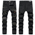 AeeDenim Wholesale OEM Logo Men's Autumn and Winter Slim-fit Pencil Pants Elastic Black Ripped Patch Beaded AM Denim Jeans