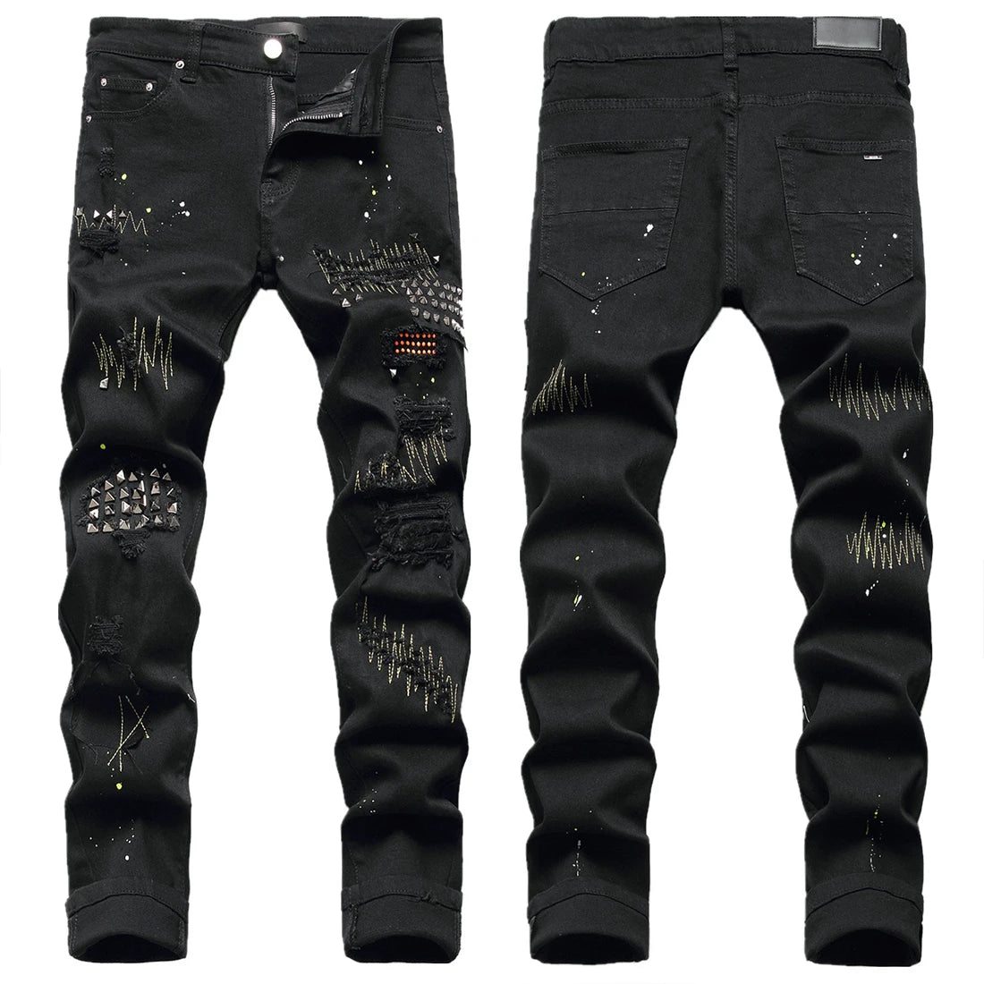 AeeDenim Wholesale OEM Logo Men's Autumn and Winter Slim-fit Pencil Pants Elastic Black Ripped Patch Beaded AM Denim Jeans