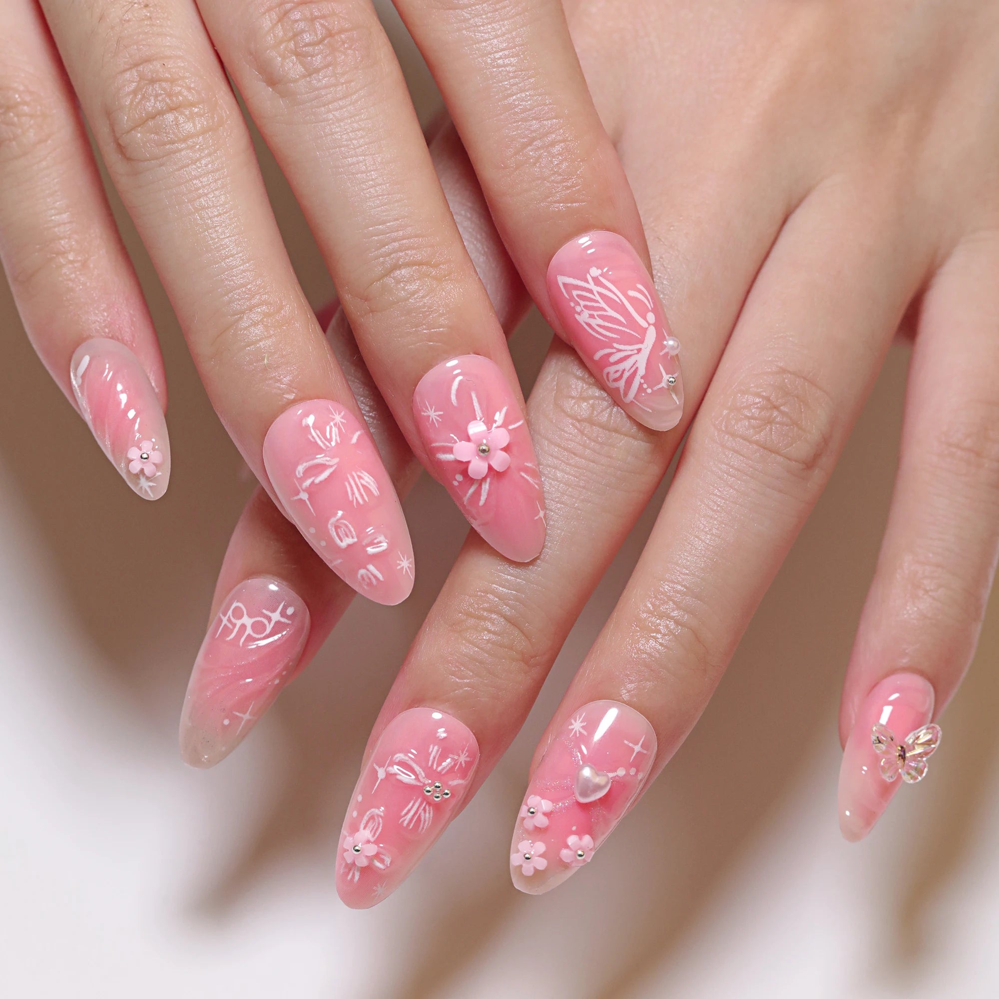 24 Pcs 3D 3402 Sweet pink Bow Floral Heart Almond-shaped Press on Nails Artificial Fingernails Customize Candy False Nails