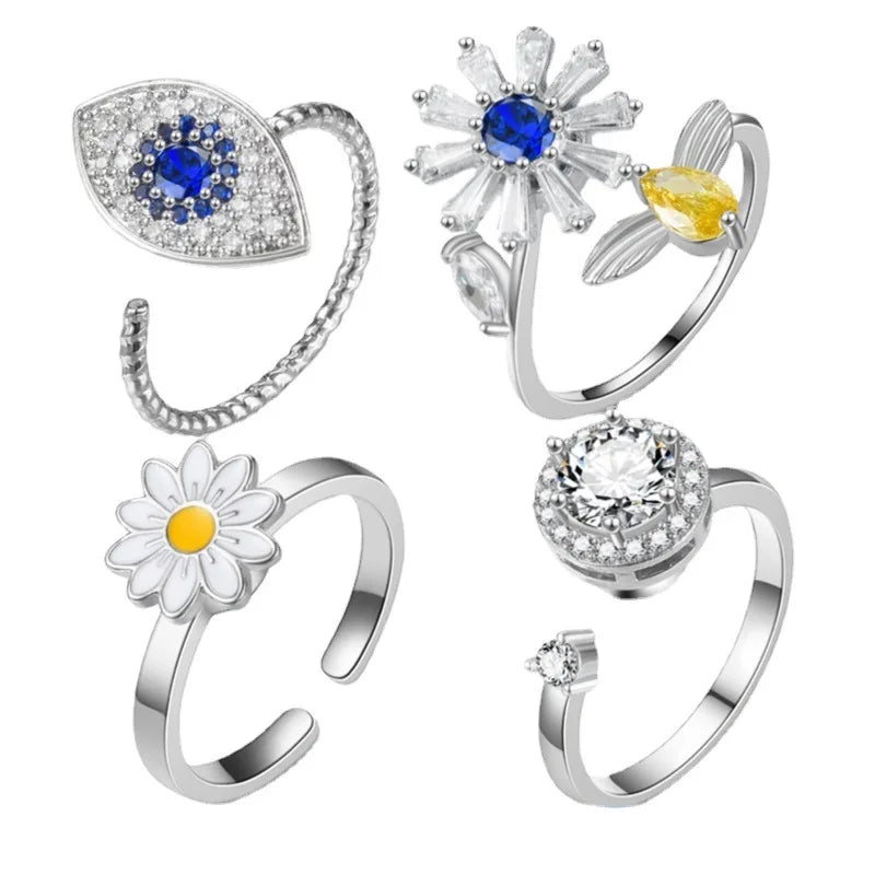 Wholesale Women's Copper Alloy Best Anxiety Fidget Relief Rotating Ring Flower Blue Devil Eyes for Ladies Jewelry Rings