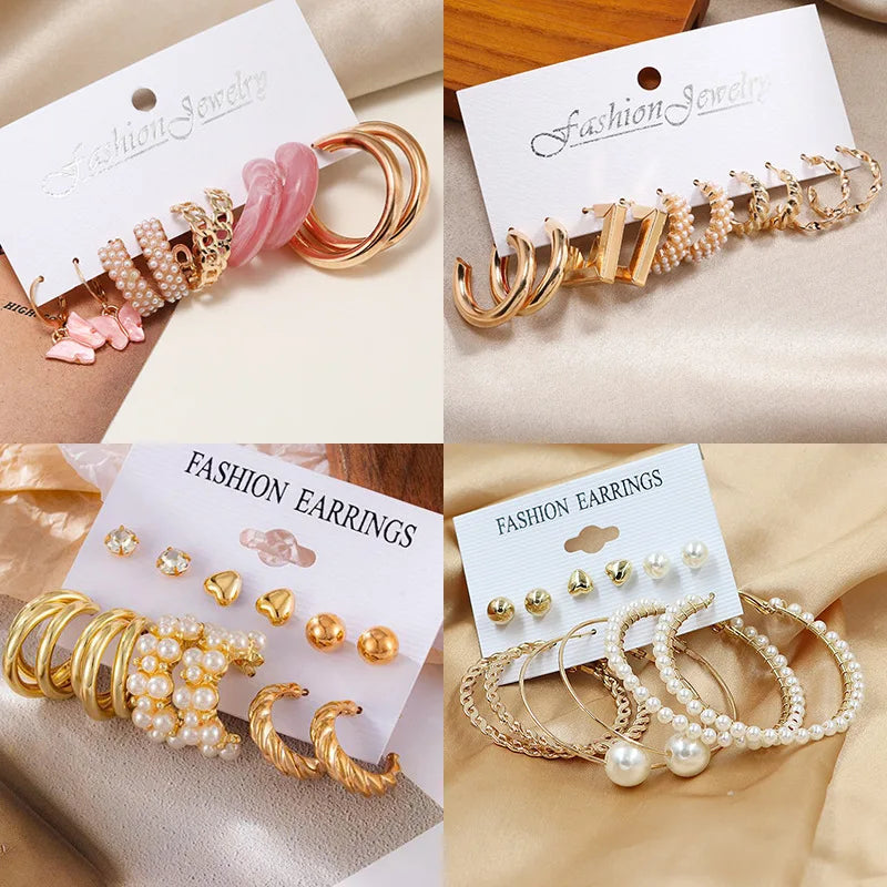 Fashion Earrings Set Jewelry Geometric Pearl Cross Earring Statement 18K Gold Plated Large Butterfly Heart Stud Earring