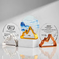 Nice Design Crystal Trophy Metal Mountain Shape Base Round Glass Award Engraving Words Employee Names Outstanding Performance