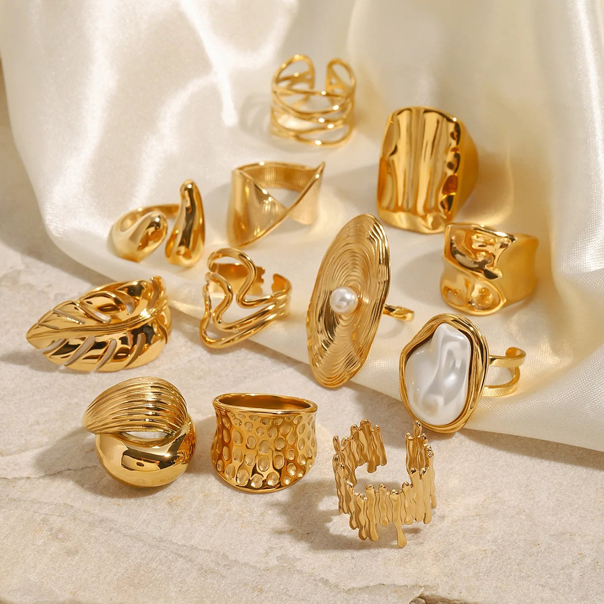 Chunky Luxury Stainless Steel 18k Gold Plated Big Baroque Pearl Textured Irregular Rings