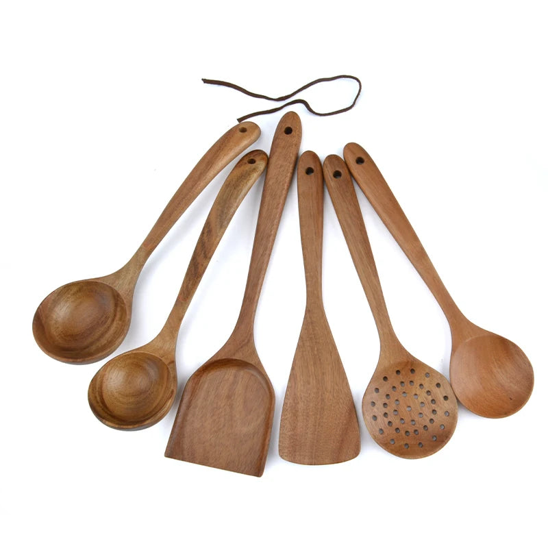 Set of 6 Wooden Kitchen Utensils Acacia Wood Cooking Tool Accessories for Kitchen Use