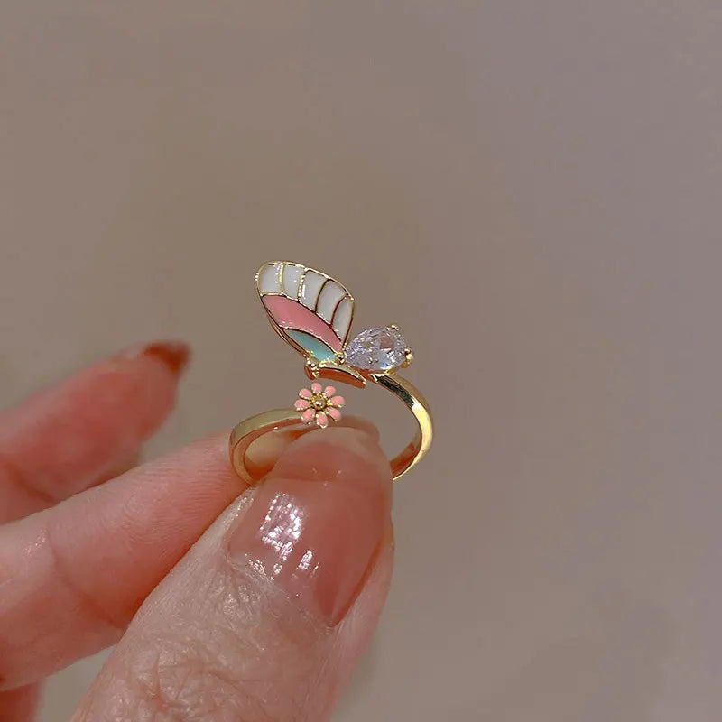 Unique Designer Pure 925 Sterling Silver Hand Painted  Spring Colorful Flowers and Butterflies Finger Rings for Women Jewelry