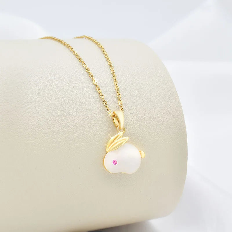 Chinese New Year Stainless Steel Jewelry Gold-plated Small Jade Rabbit Pendant Zodiac Rabbit Stainless Steel Necklace