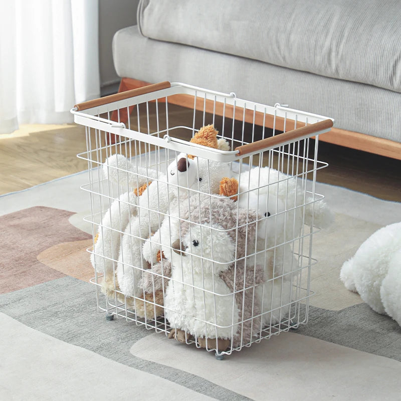 SHIMOYAMA Metal Iron White Laundry Basket With Beech Wooden Handles and Drying Rack