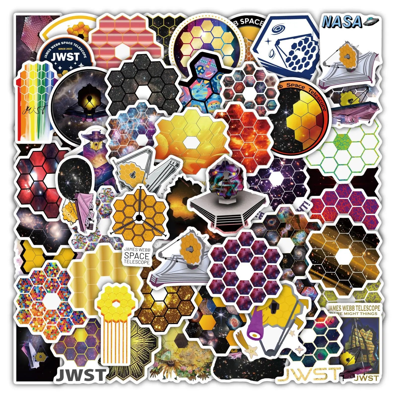 50PCS USA James Webb Space Telescope Nasa Space Hexagon Colorful Technology Lovers JWST Art Sticker