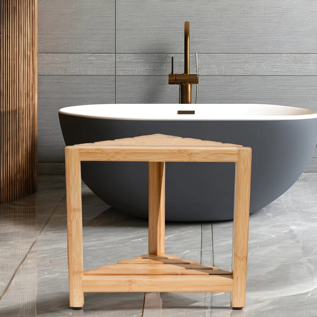 Modern Luxury Corner Beautiful Teak Storage Shelf Bamboo Wood Step Seat Bench Shower Stool and Foot Rest for Shaving Leg Bedroom