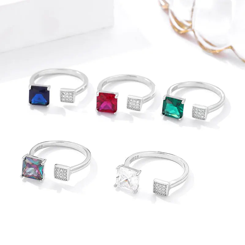 Factory Price Bulk Sale Custom Made 925 Sterling Silver Colorful square Zircon Adjustable Open Ring