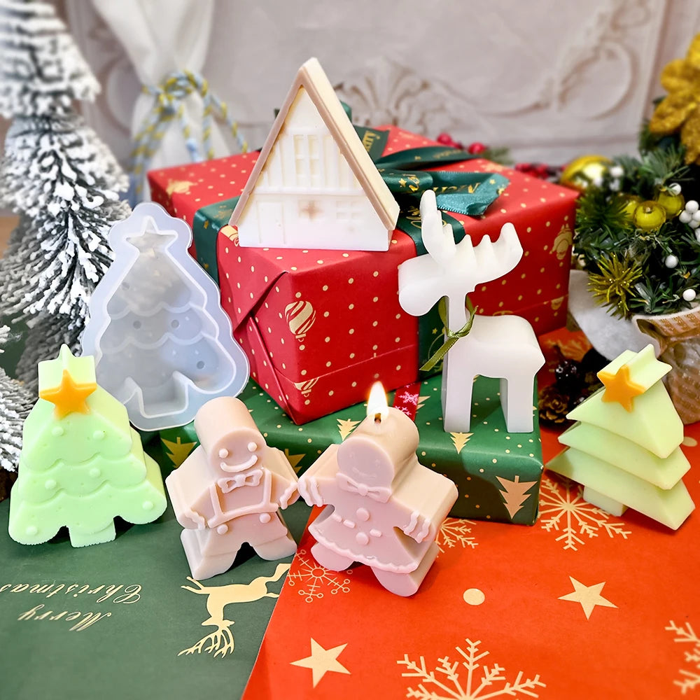 Twller DIY Christmas House Silicone Molds Gingerbread Man Elk Cute Christmas Tree Scented Candle Soap Mold for Home Decoration