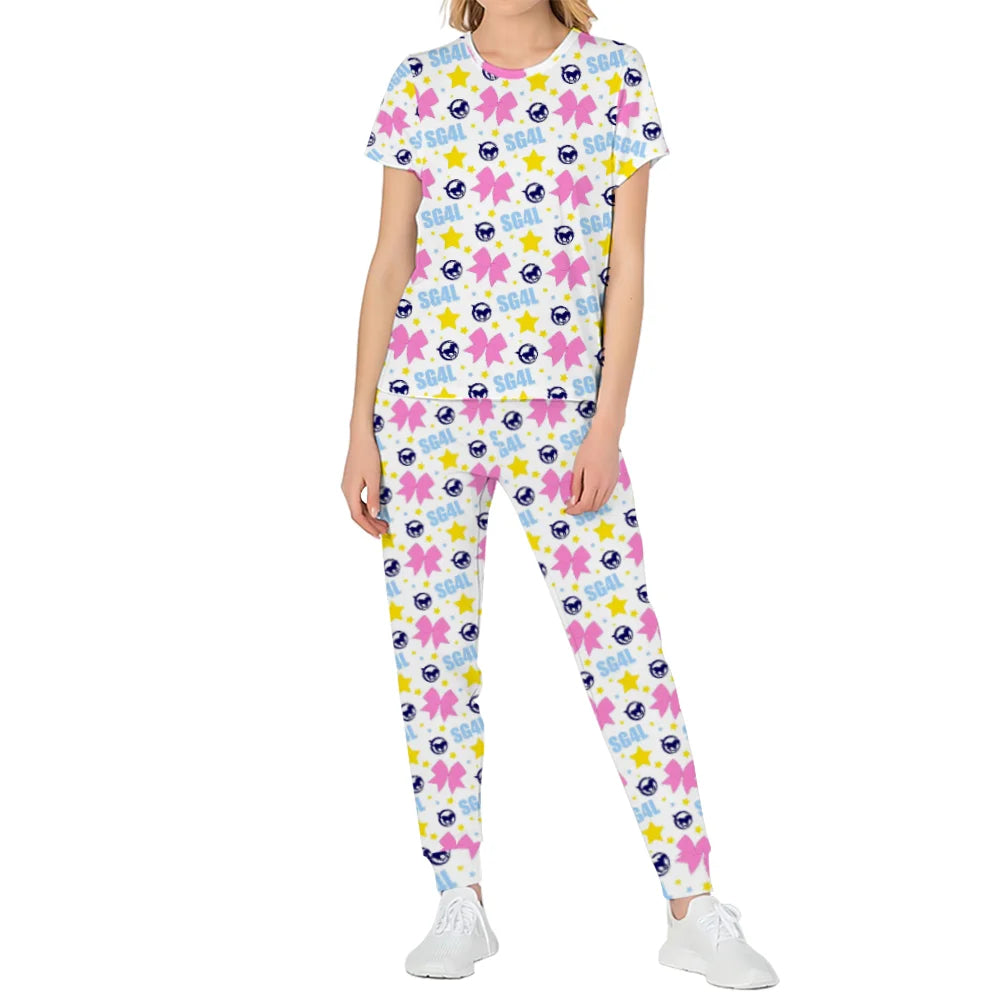 Print on Demand Summer Women's Short-Sleeved Pant Pajamas Set Simple Round Neck Design Nightwear Homewear Set