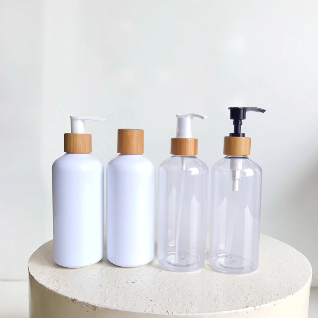 Customizable 100ml 200ml 300ml 500ml PET-Colored Plastic Cosmetic Packaging Bottle with Bamboo Lotion Pump Dispenser Blush Use